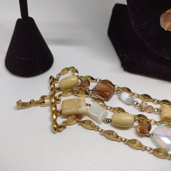 Three Piece Set Necklace in Tones of Cream, Blues, Pinks and Gold - Picture 3 of 13